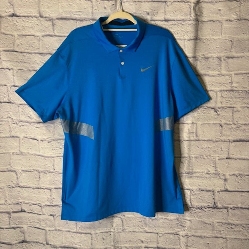 Nike Mens Golf Shirt XL Royal Blue Silver Side Stripes Dri Fit